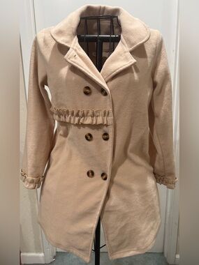 Girl Cream Double-Breasted Ruffle Wool-Blend Coat